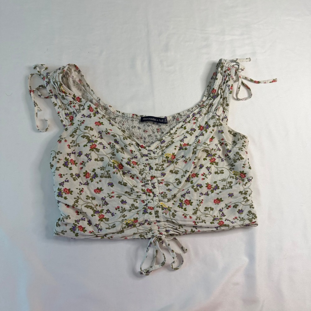 Abercrombie & Fitch Floral Ruched Tie Shoulder Crop Top Cream Womens Medium